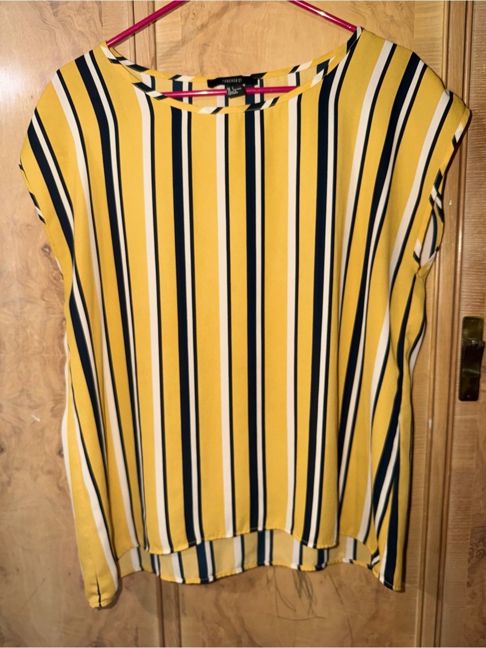 Forever 21 Mustard Yellow Vertical Stripe Cap-Sleeve Blouse size Large